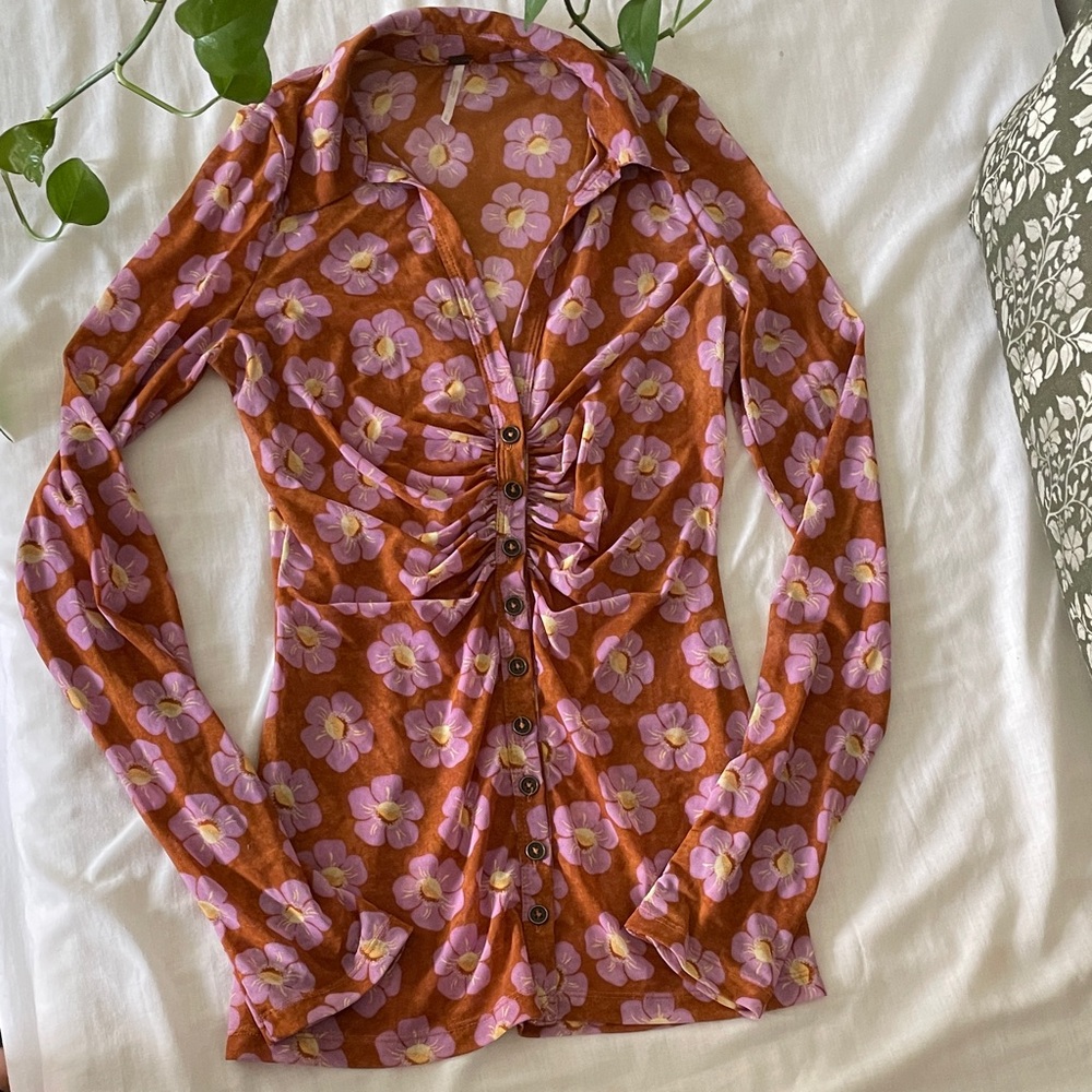 Free People Orange and Pink Floral Button-Down Shirt